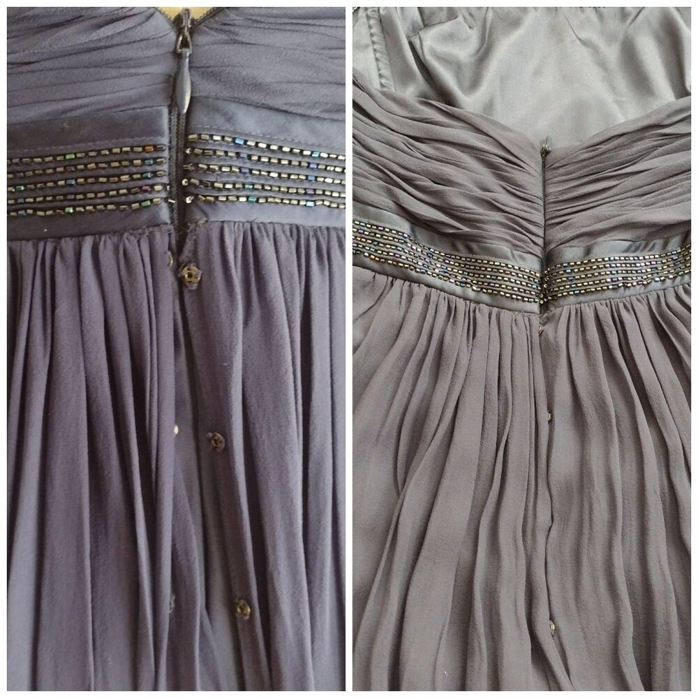 BCBG Max Azaria 100% Silk Beaded Gown 8 Strapless Prom Dress Navy Blue Grecian - Picture 9 of 11